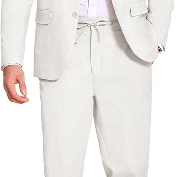 Men's Casual 2 Piece Linen Suit Set - Lightweight Blazer & Pants in White - Picture 1 of 8